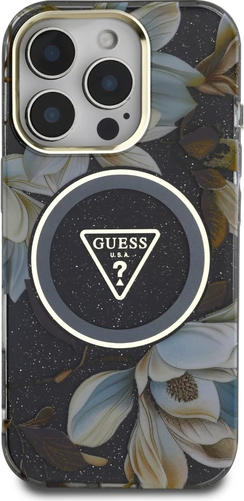 Mbështjellës Guess Glitter Flowers Triangle Buttons MagSafe për iPhone 16 Pro, i zi