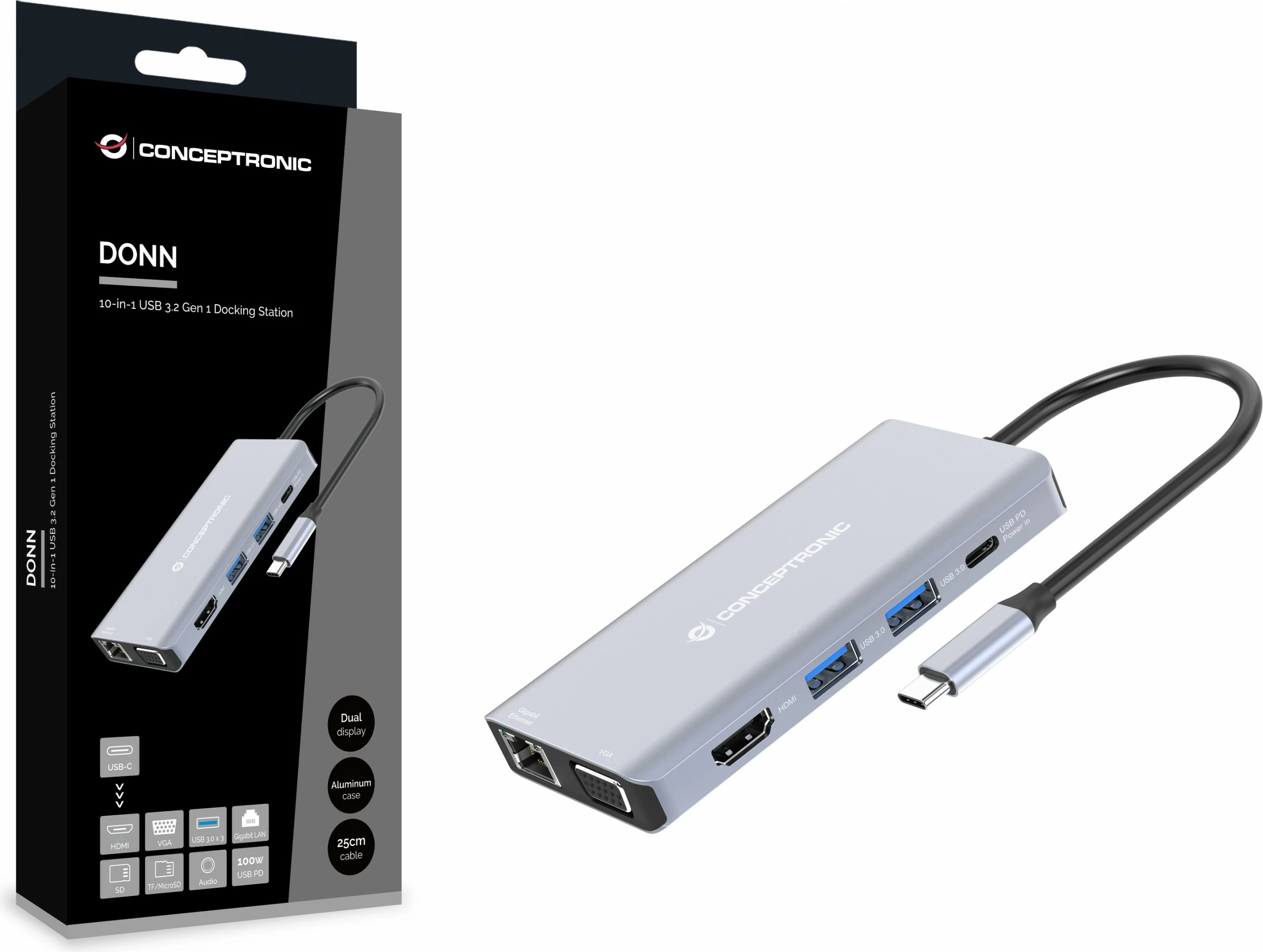 Docking station Conceptronic 10-1, USB-C në HDMI/USB-A/VGA/AUX, 25cm, gri