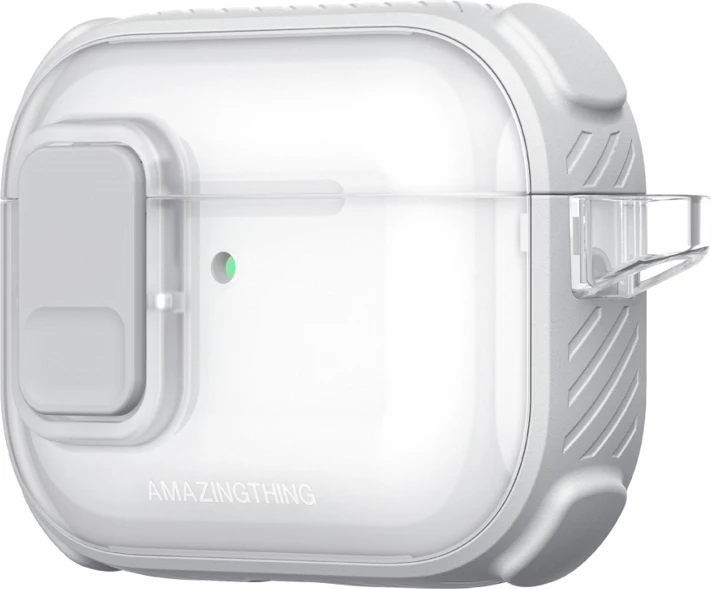 Mbështjellës AmazingThing Titan Pro Mag për AirPods Pro 3, PC/TPU, me karabinë, i tejdukshëm, i bardhë