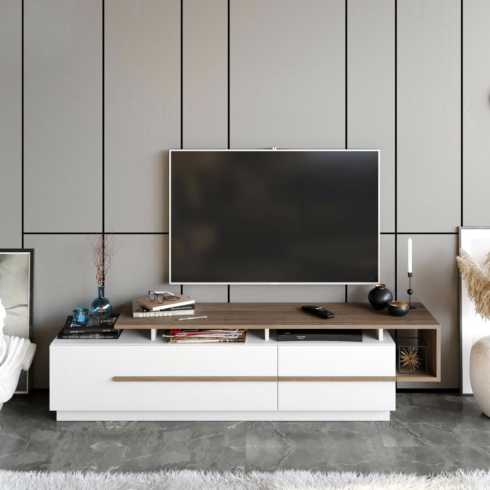 Komodë TV Hanah Home, Pia, ngjyrë arrë dhe e bardhë