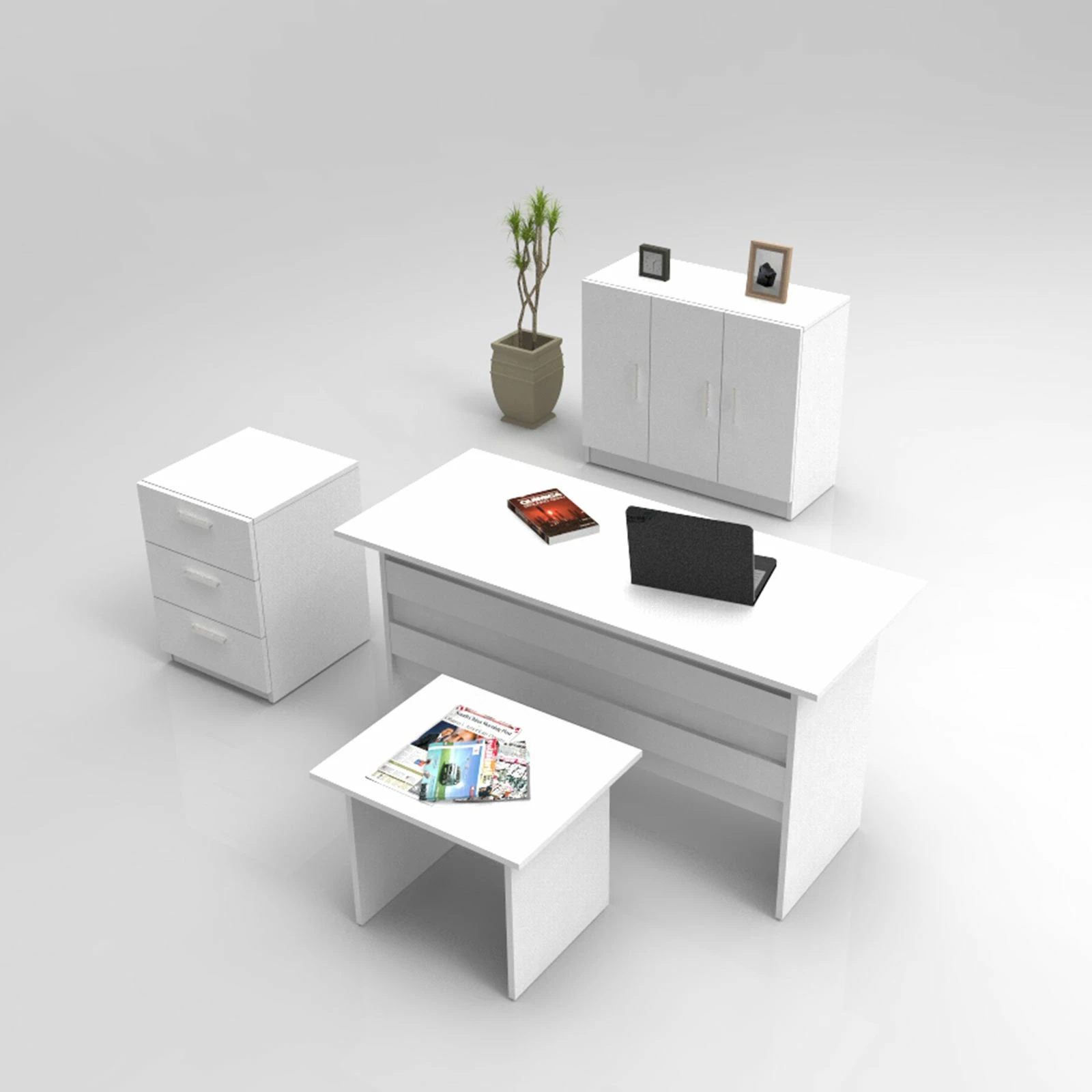 Set mobiljesh për zyre, ngjyrë e bardhë, Skye Decor, Vo12-W