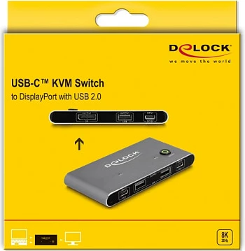 Switch KVM DeLOCK USB-C në DisplayPort, 8K 30Hz, USB 2.0 Hub, Anthracite