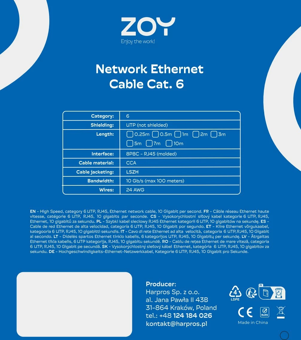 Kabl Ethernet ZOY Cat.6 UTP CCA 7m, i zi