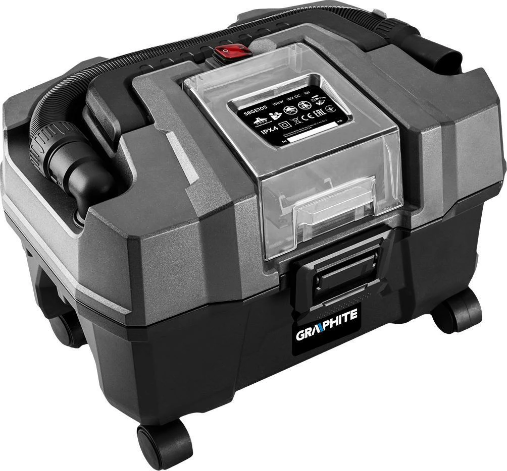 Fshesë industriale me bateri Graphite 58GE105 10L HEPA, funksion fryrjeje, punë e thatë/e lagësht, zi/gri