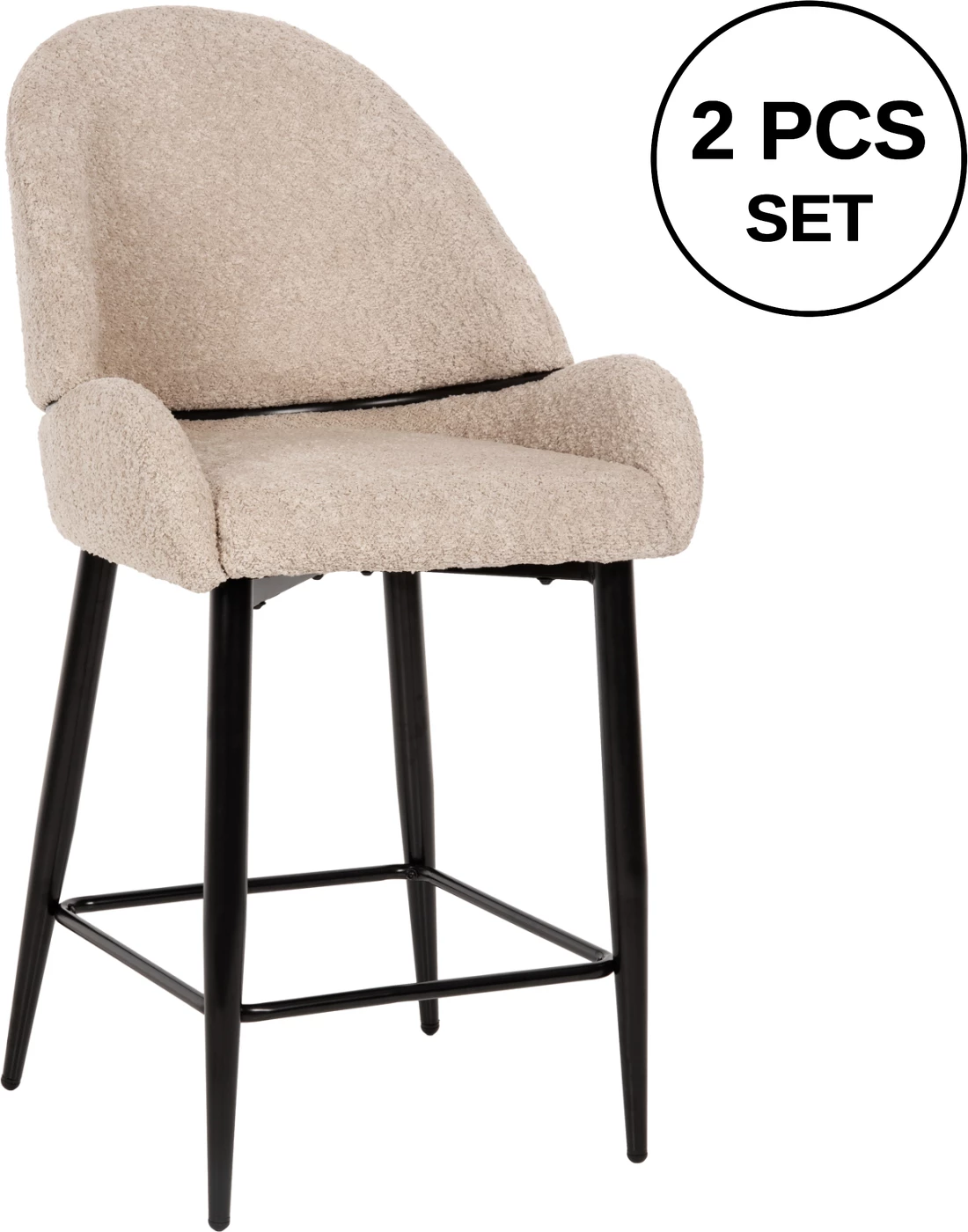 Karrige për bar, lartësi mesatare, FH8586.02, pëlhurë boucle ecru, këmbë metalike të zeza, 55x62x105H cm., set prej 2 copë