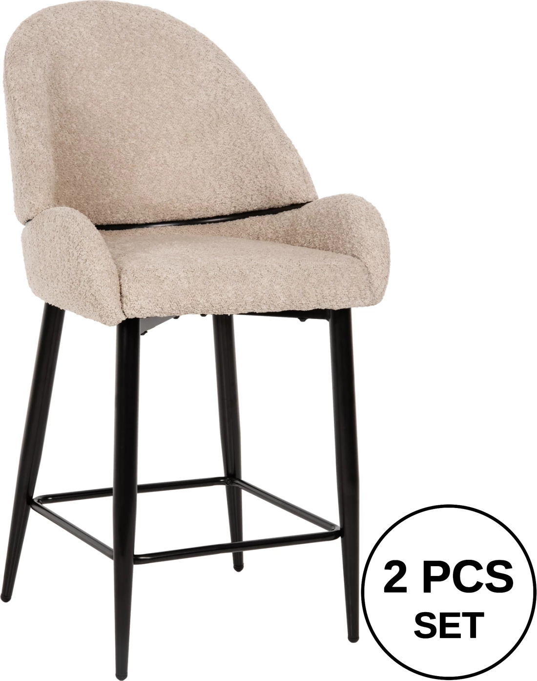 Karrige për bar, lartësi mesatare, FH8586.02, pëlhurë boucle ecru, këmbë metalike të zeza, 55x62x105H cm., set prej 2 copë