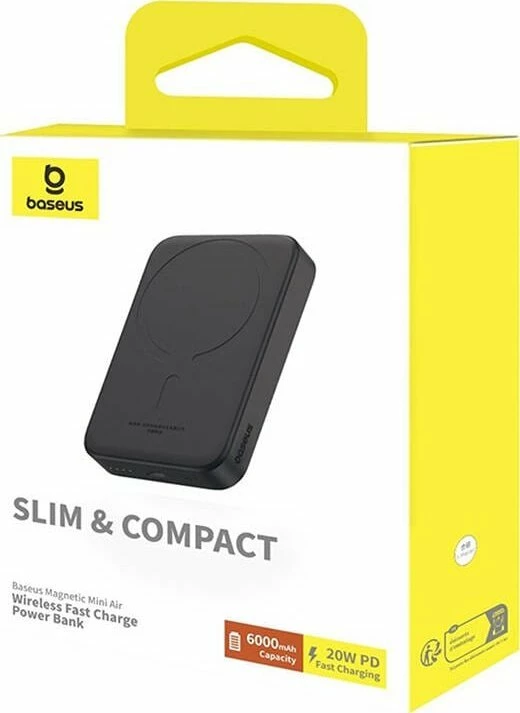 Powerbank Baseus Magnetic Mini Air 6000mAh 20W, karikim wireless magnetik, me kabllo USB-C në USB-C 30cm, i zi