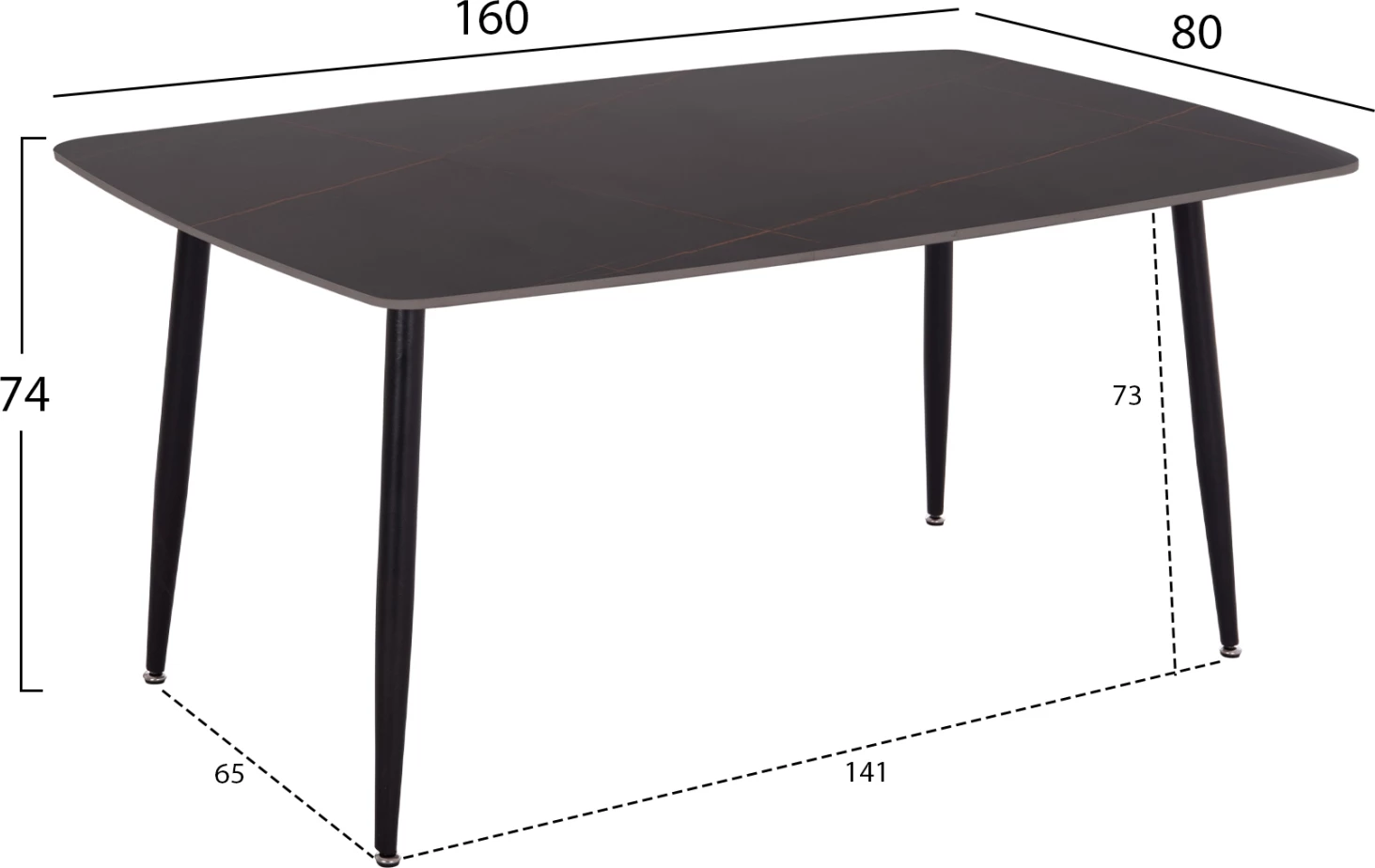 Tavolinë ngrënieje RAVEN, sipërfaqe qeramike, pamje mermeri të zi, 160x80x74cm