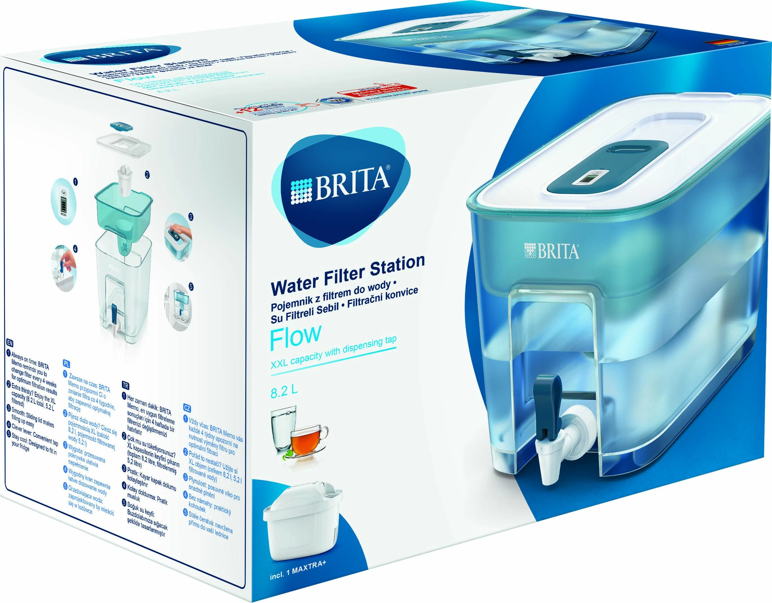 Dispenser filtri uji Brita Flow 8.2 L (5.2 L e filtrume), indikator elektronik, 1 filtër MAXTRA+, blu