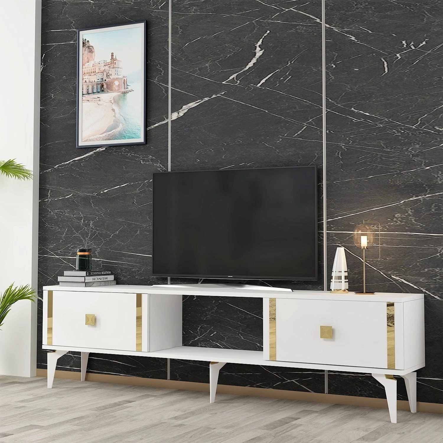 Komodë TV Skye Decor, e bardhë, e artë, Doruk