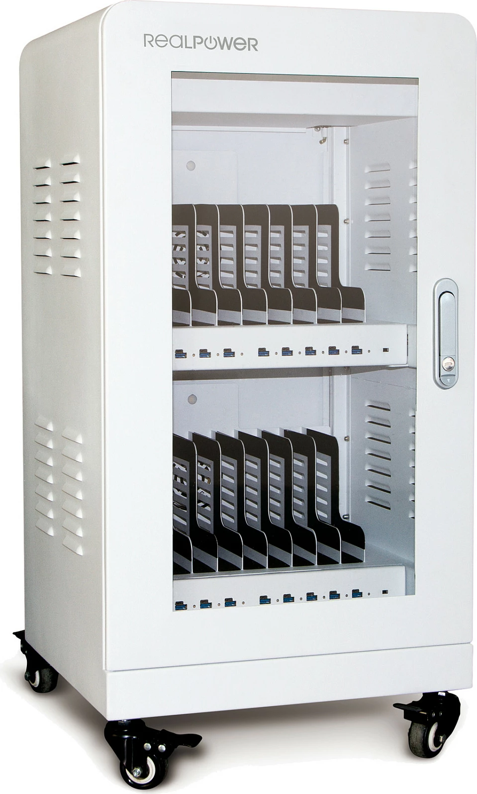 Stacion karikimi RealPower Power Station 20, 480W, 20x USB-A, me kyç, i bardhë
