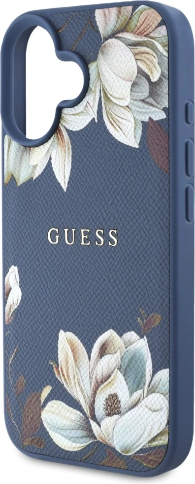 Mbështjellës Guess Grained Printed Flower Pattern MagSafe për iPhone 16, Blu