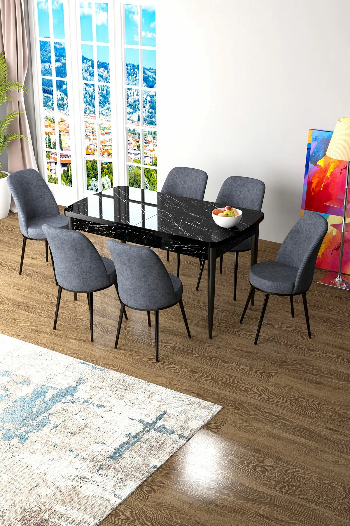 Tavolinë me karrige, zgjatshme, 7 copë, Skye Decor, ngjyrë mermeri të zi, fume