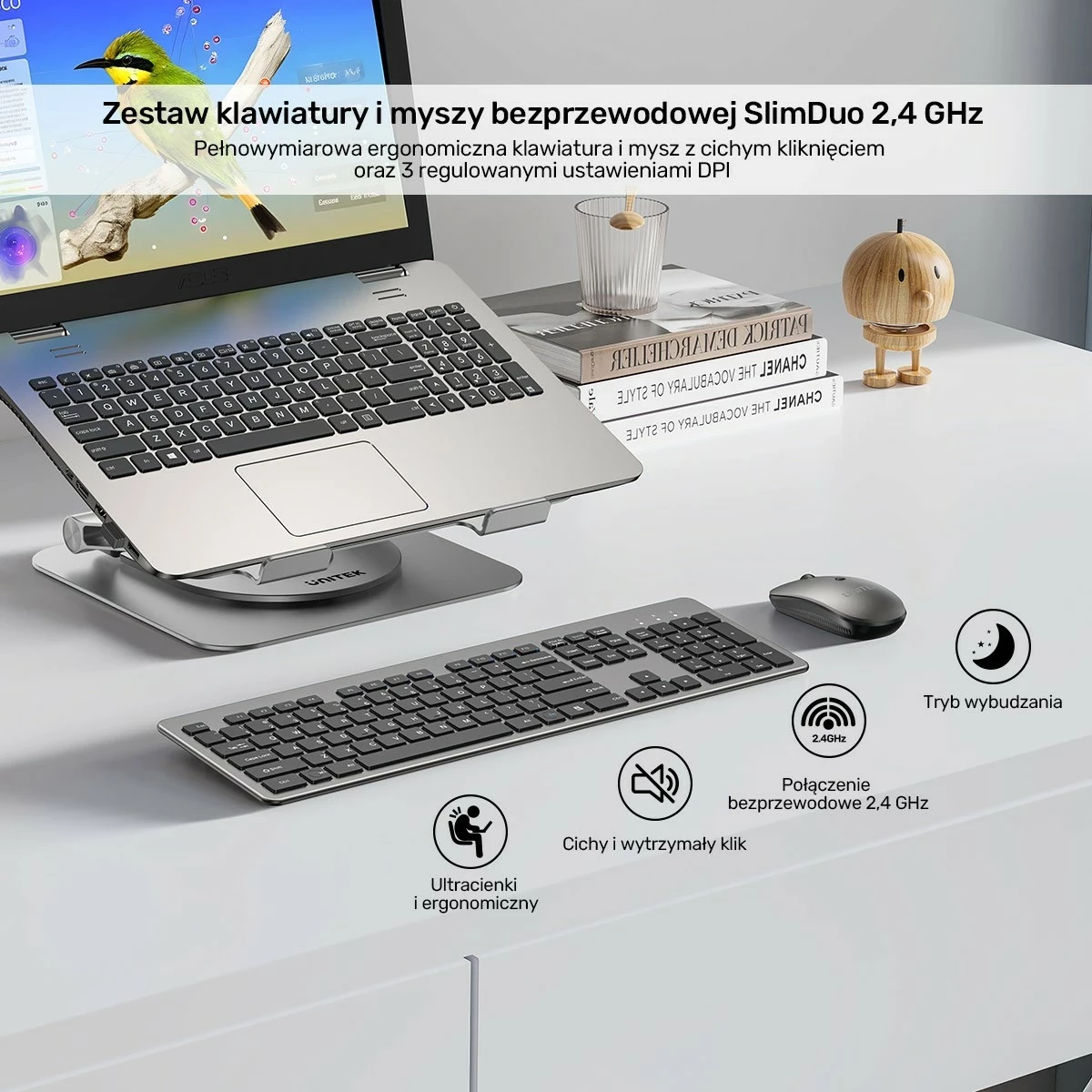 Set tastierë + maus Unitek SlimDuo, wireless 2.4GHz, USB receiver, 1600 DPI, zi-gri
