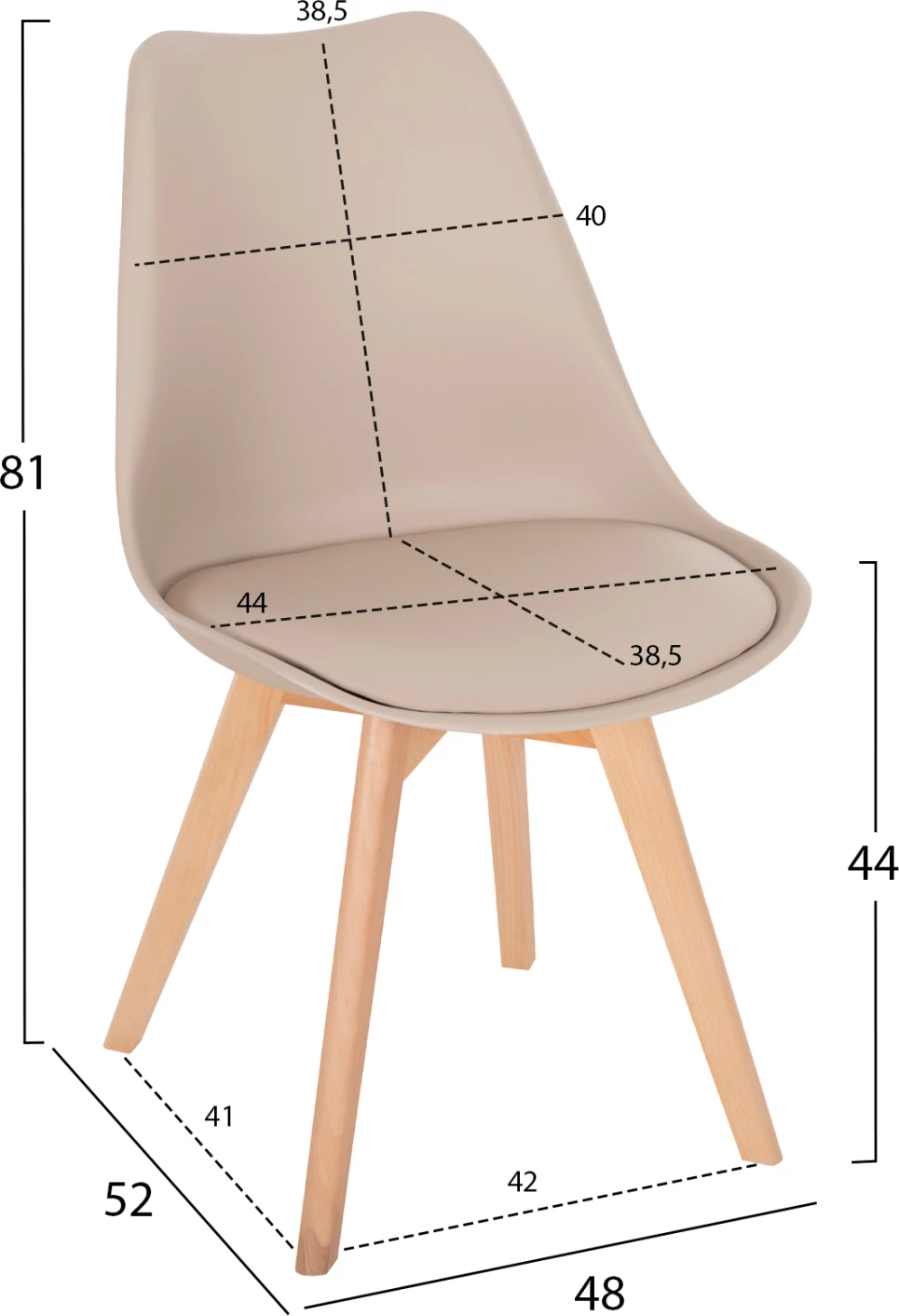 Karrige për ngrënie Vegas, këmbë druri, ulëse polipropileni me PU, ngjyrë kapuçino, 48x52x81H cm, set prej 4 copë