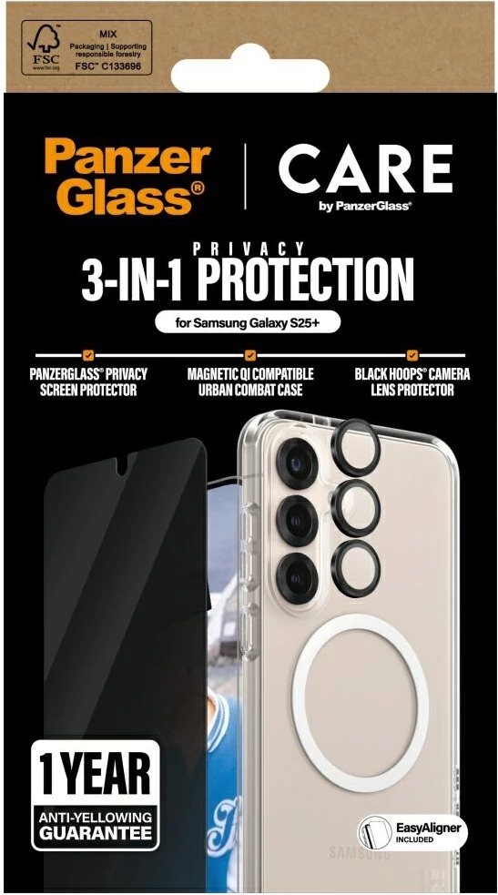 Mbështjellës PanzerGlass CARE 3in1 me xham privatësie dhe mbrojtës lente për Samsung Galaxy S25+, Transparent