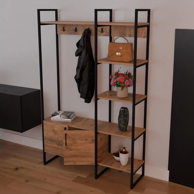 Mobilje hyrëse Thoj, melaminë ngjyrë lisi, metal i zi, 120x34x180cm