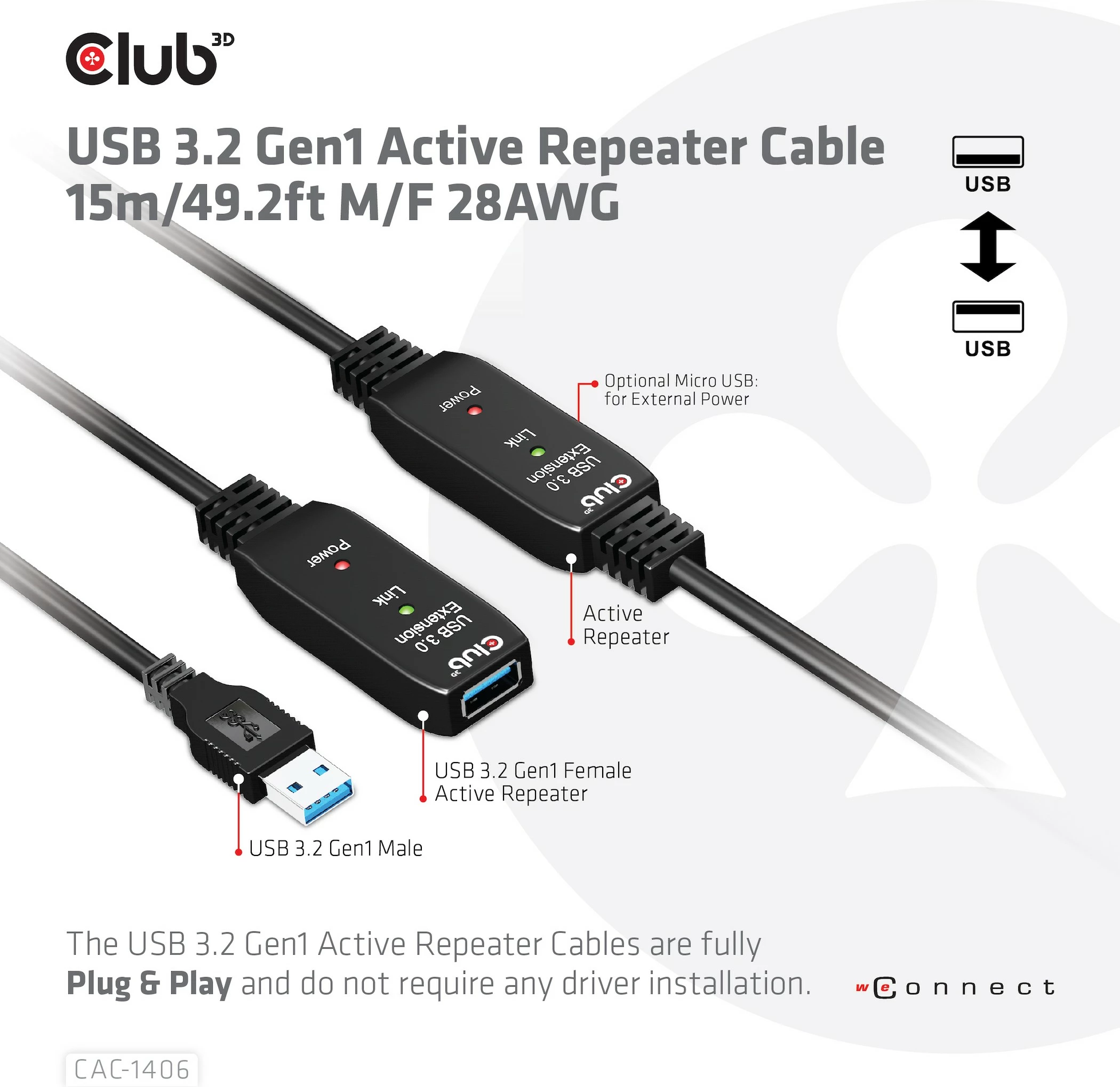Kabllo USB zgjatuese Club3D 15m, USB 3.2, e zezë