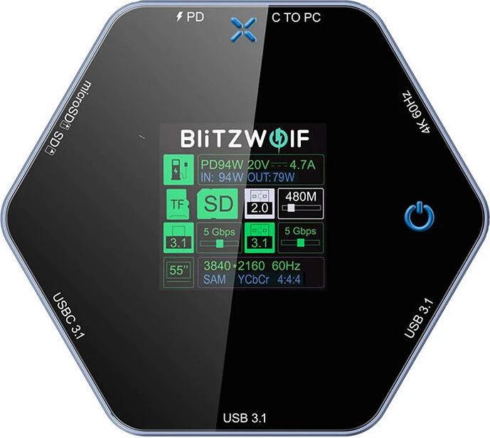 Kasë BlitzWolf BW-TH16 docking station 8-në-1, USB-C, 100W, LCD Smart Display, Gri