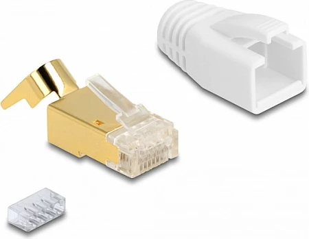 Konektor RJ45 DeLOCK Cat7 S/FTP, set 25 copë, me boot mbrojtës, Gold/Bardhë