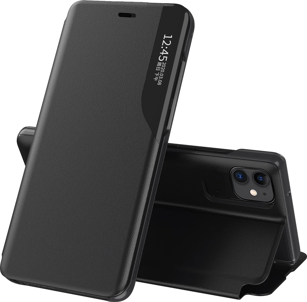 Mbështjellës Hurtel Eco Leather View Case për iPhone 13 Pro Max, me qëndrim, e zezë