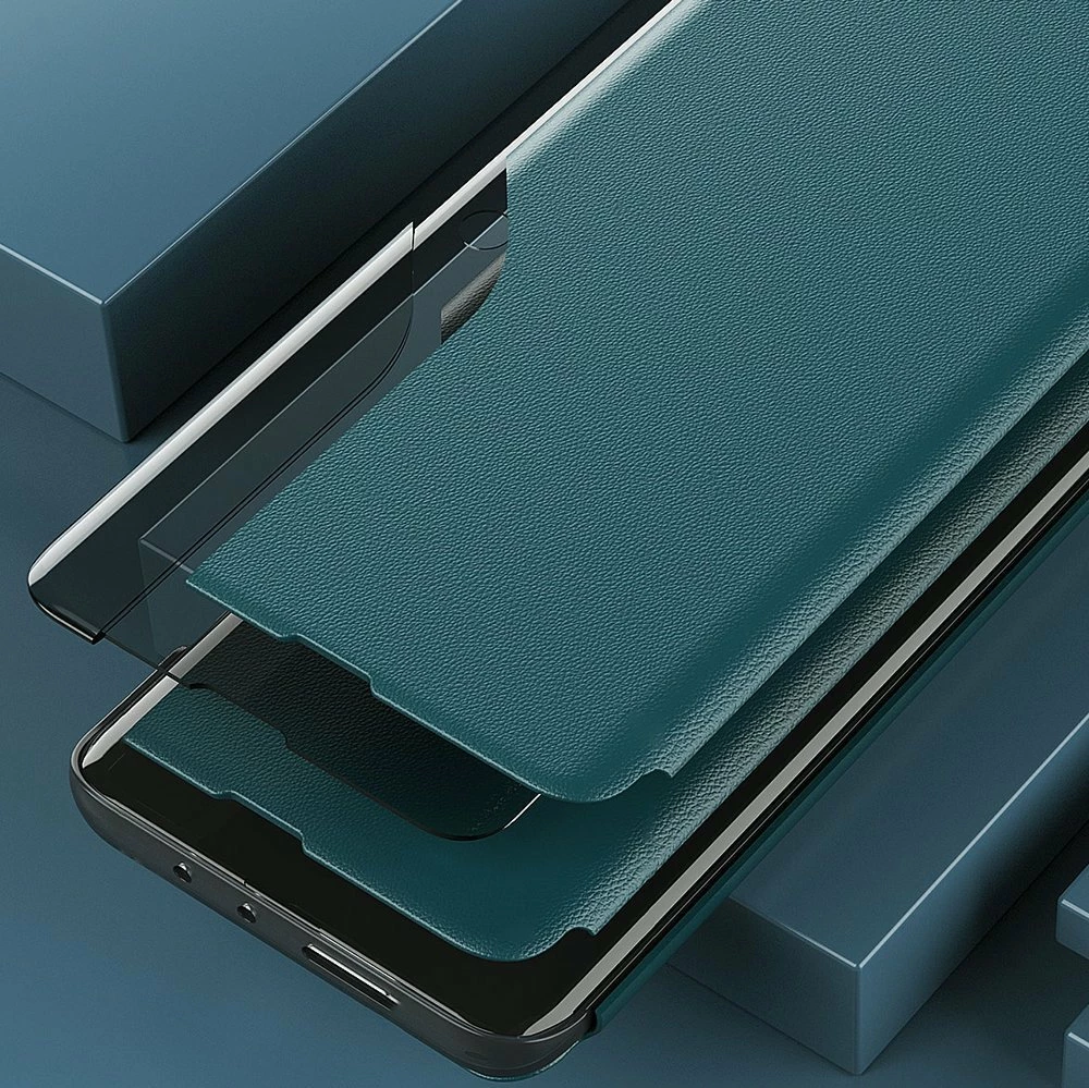 Mbështjellës Hurtel Eco Leather View Case për Samsung Galaxy A72 4G, me kapak dhe mbajtës, e gjelbër