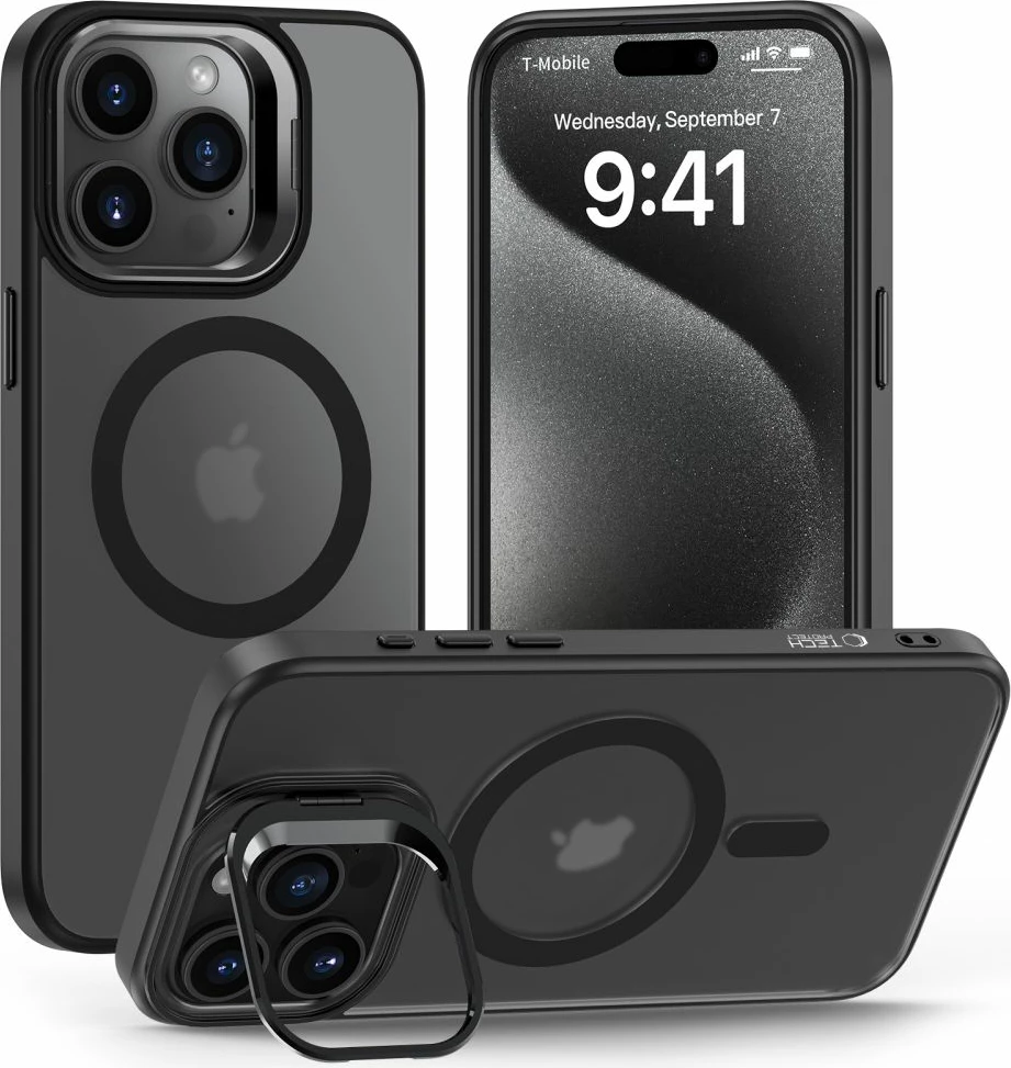 Mbështjellës Tech-Protect MagStand për iPhone 15 Pro, MagSafe, i zi