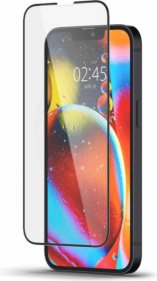 Mbrojtëse ekrani xham i kalitur Spigen Glass FC 0.3 mm 9H për iPhone 13/13 Pro/14/16e/17e, e zezë, set 1 copë + kit instalimi