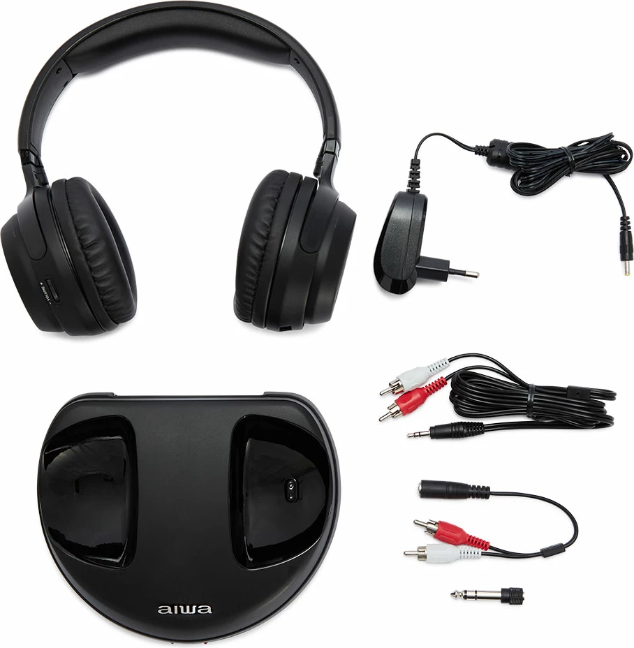 Kufje pa kabllo RF Aiwa WHF-880, me stacion karikimi dhe transmitter, rreze 100 m, të zeza