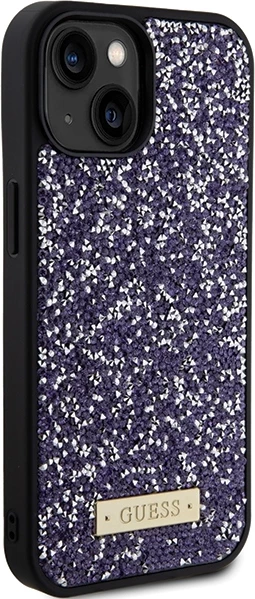 Mbështjellës Guess Rhinestone Metal Logo për iPhone 15, Rozë