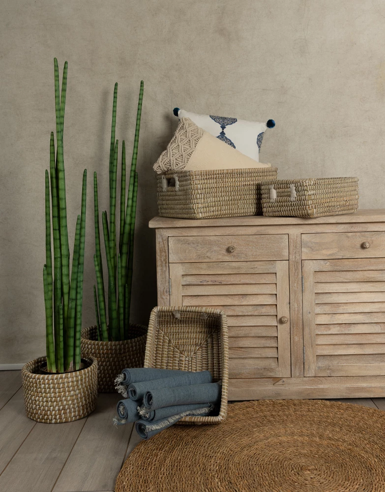 Set shporta NILE, 3 copë, kansgrass natyral-bardhë, 45x35x30cm
