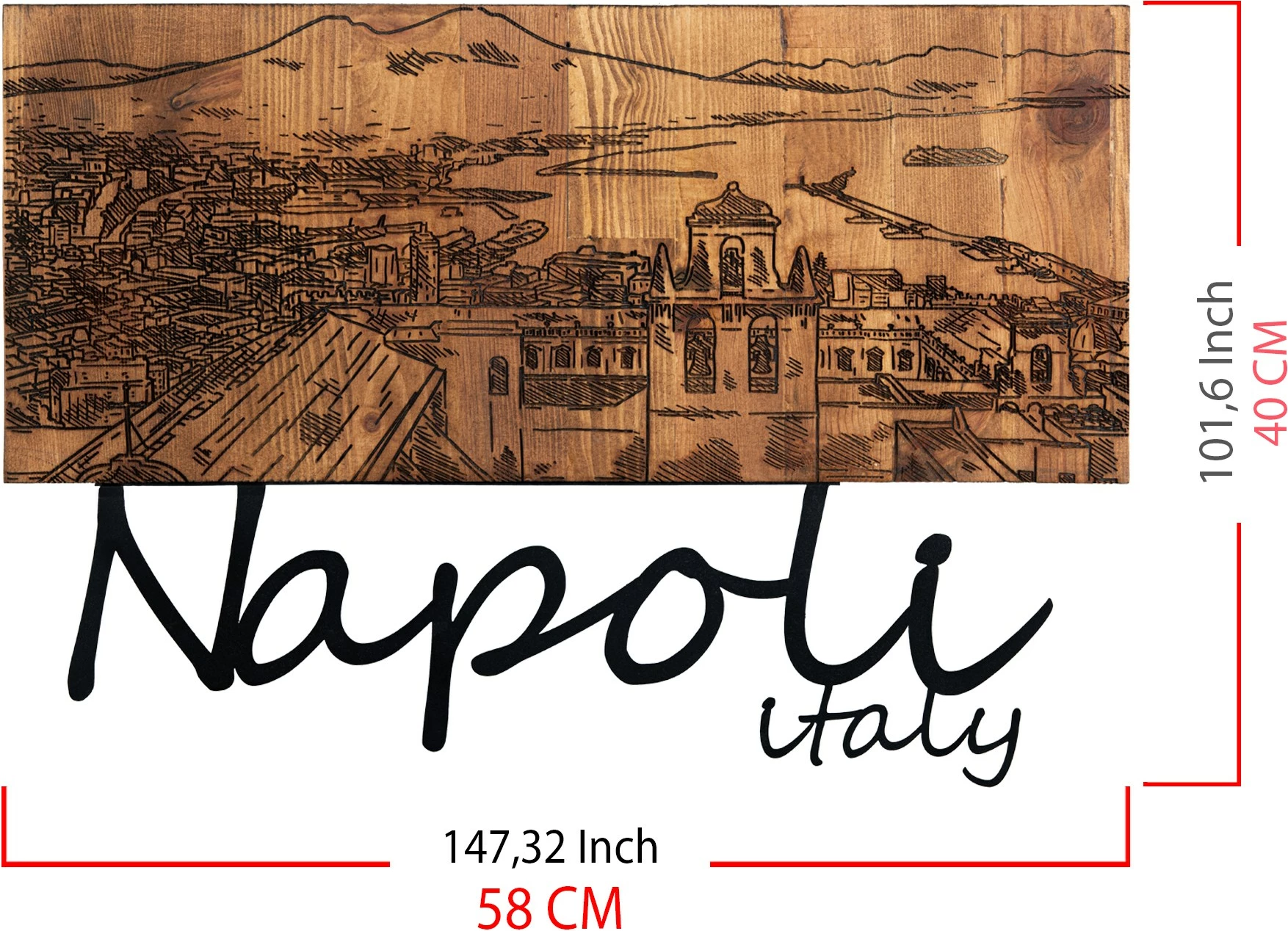 Aksesor dekorativ për mur, dru dhe metal, Napoli, ngjyrë e zezë dhe arre, 58x40cm