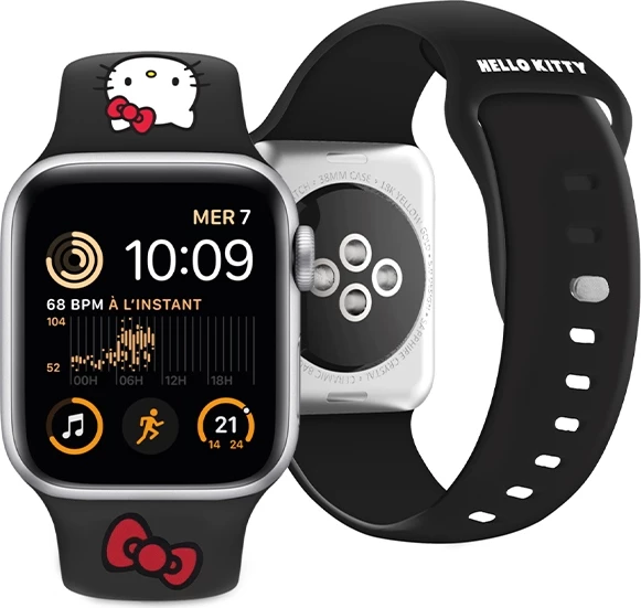 Rrip silikoni Hello Kitty për Apple Watch 42/44/45/49mm, i zi