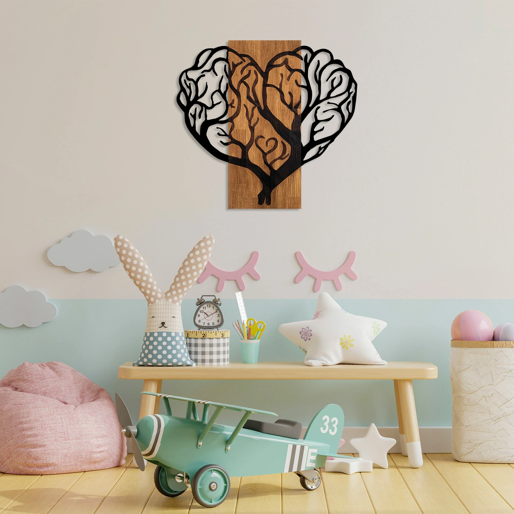 Aksesor dekorativ për mur, dru dhe metal, Brain Tree, ngjyrë arre, 58x62cm