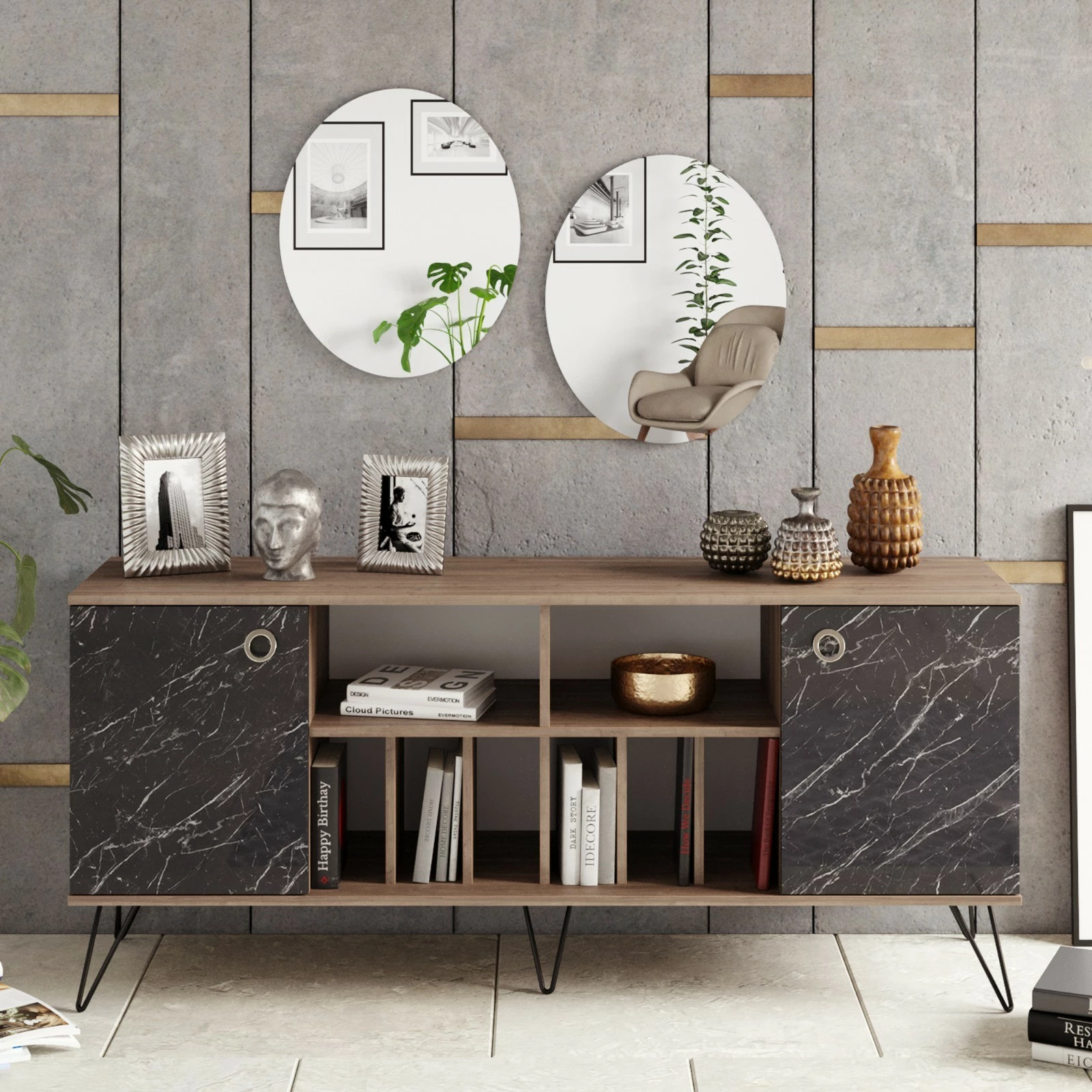 Konsol Skye Decor, Lorenz Ayna, ngjyrë arre dhe e zezë, me pasqyra