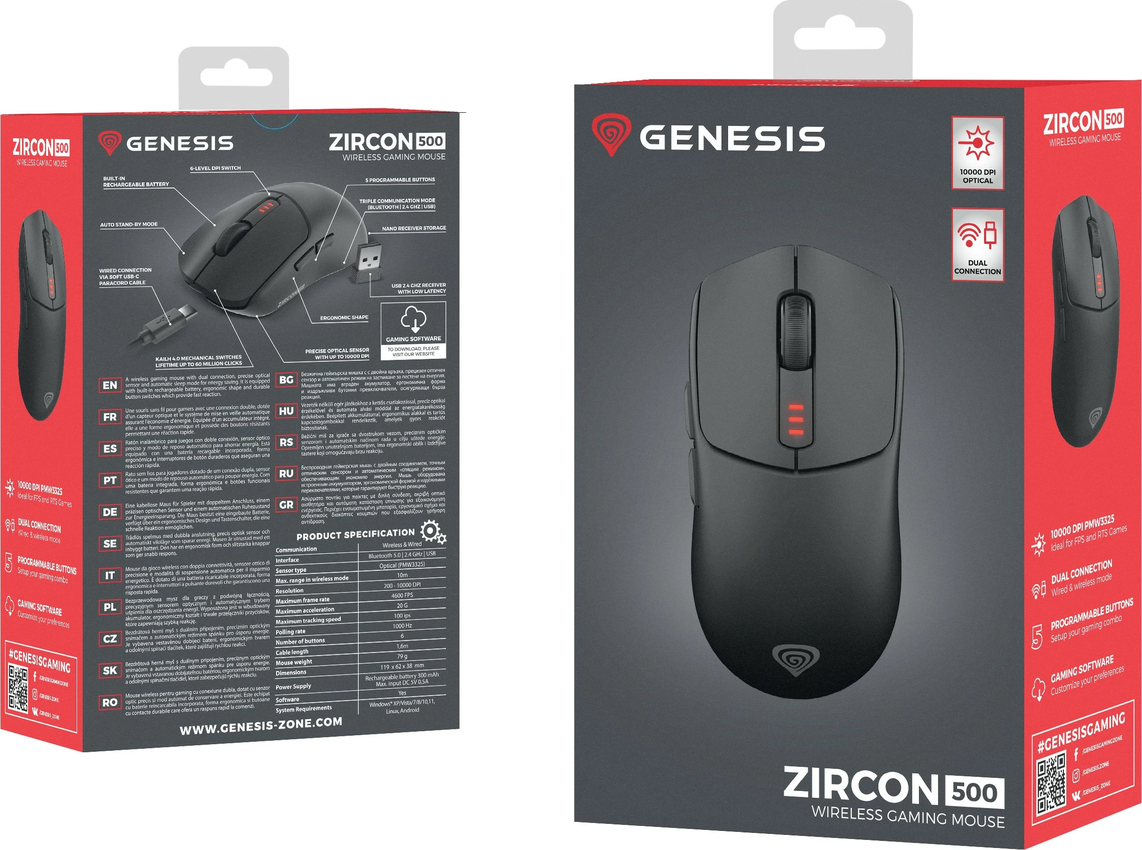 Maus gaming Genesis Zircon 500, wireless + Bluetooth + USB-C, 10000 DPI, i zi