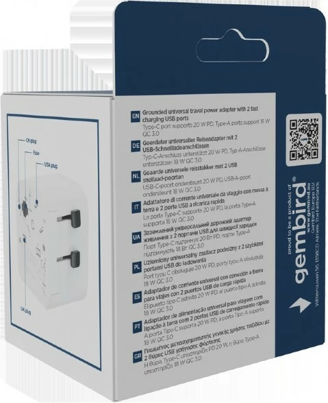 adapter udhëtimi me tokëzim, Gembird, TPA-EU1A1C20-01-W, 20W GaN, USB-C PD + USB-A QC, prizë Schuko, e bardhë