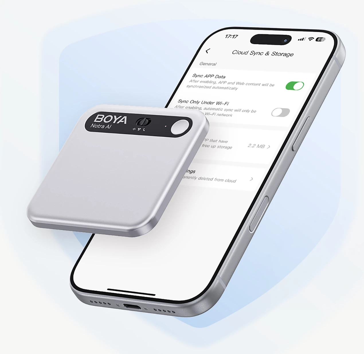 Regjistrues zëri BOYA Notra AI 64GB, USB-C/Bluetooth/Wi‑Fi, 24h, argjendtë