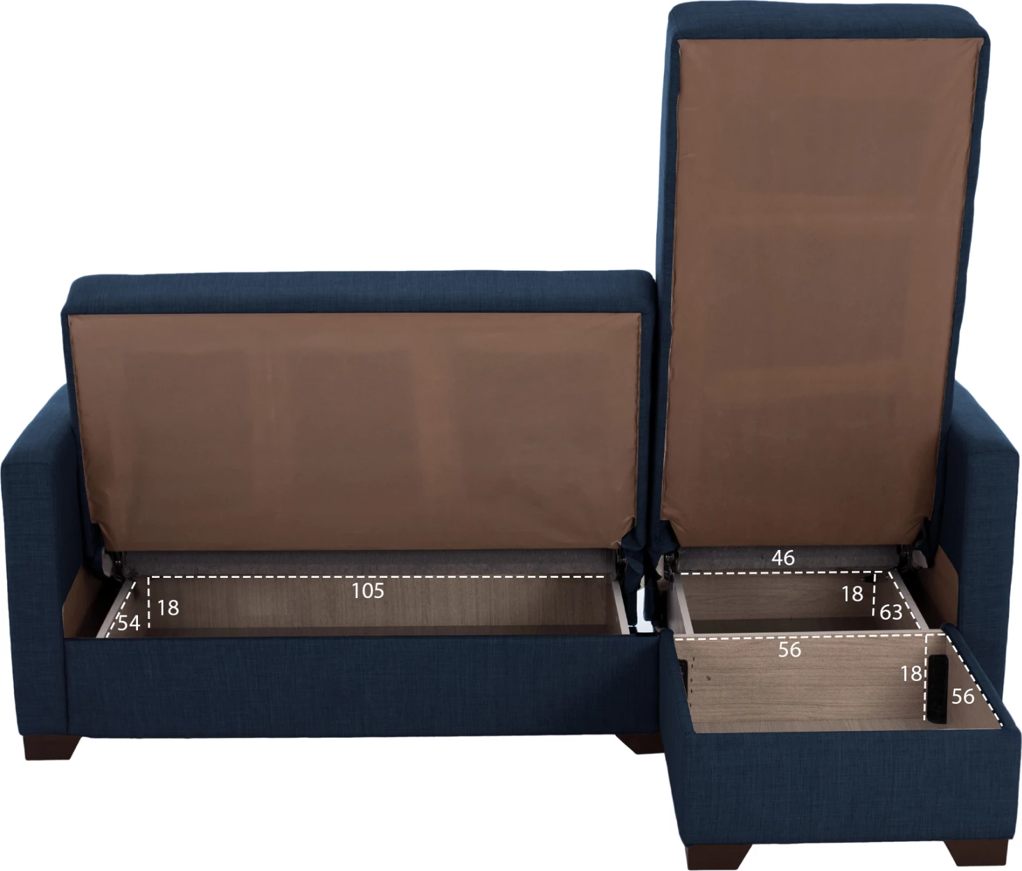 Divan qoshe me shtrat GHUFRAN FH3244.07, i kthyeshëm me hapësirë magazinimi, pëlhurë blu, 200x133x77 cm