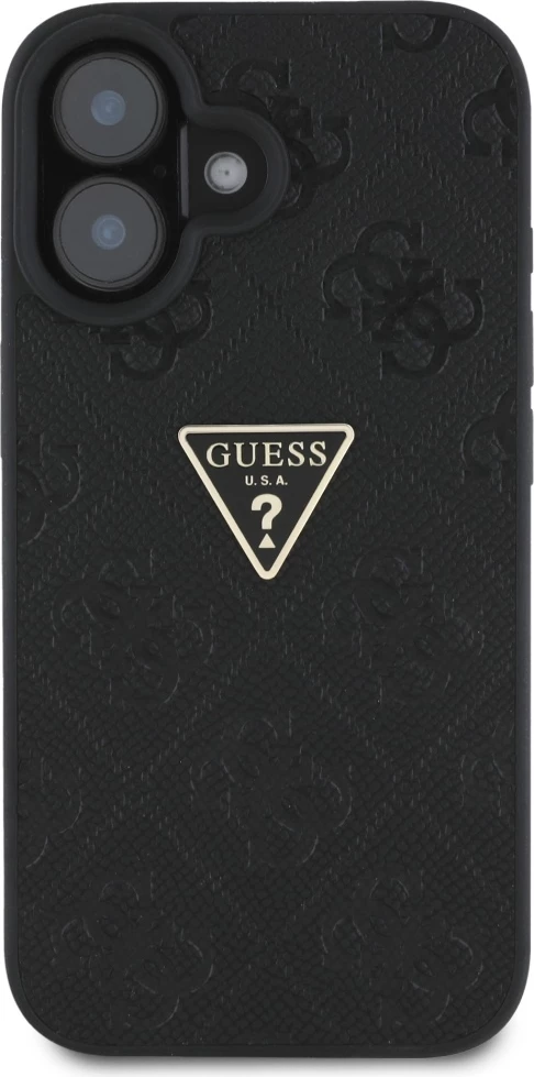 Mbështjellës Guess Hot Stamp 4G Pattern Triangle Metal Logo për iPhone 16, i zi