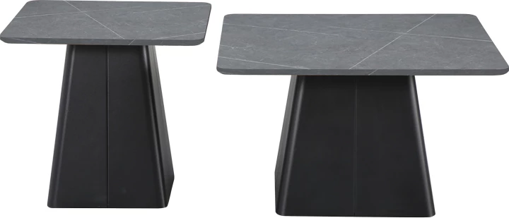Set tavolina për sallon, bazë metalike, sipërfaqe gur i sinterizuar, ngjyrë e zezë-gri mermeri, 2 copë
