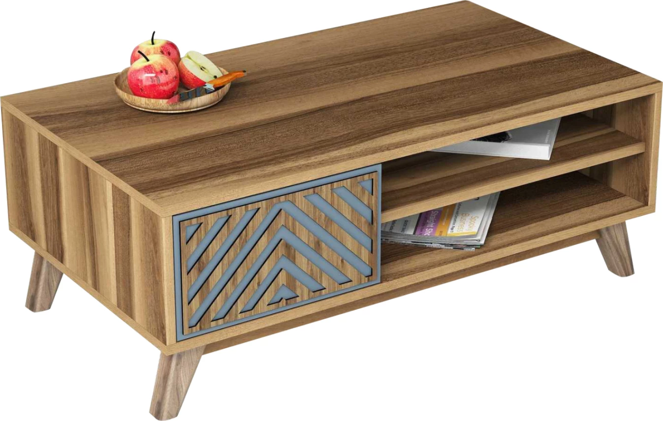 Tavolinë kafeje FH9502.02 melaminë me kabinet, ngjyrë arre dhe blu, 105x60x38.2H cm