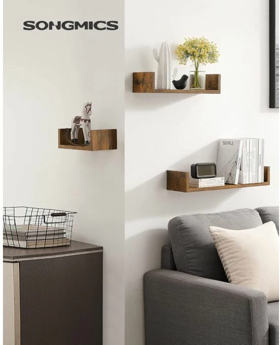 Set rafte muri fluturuese VASAGLE SONGMICS LWS066T01, U-shape, 15×30/45/60×10 cm, 3 copë, vintage brown