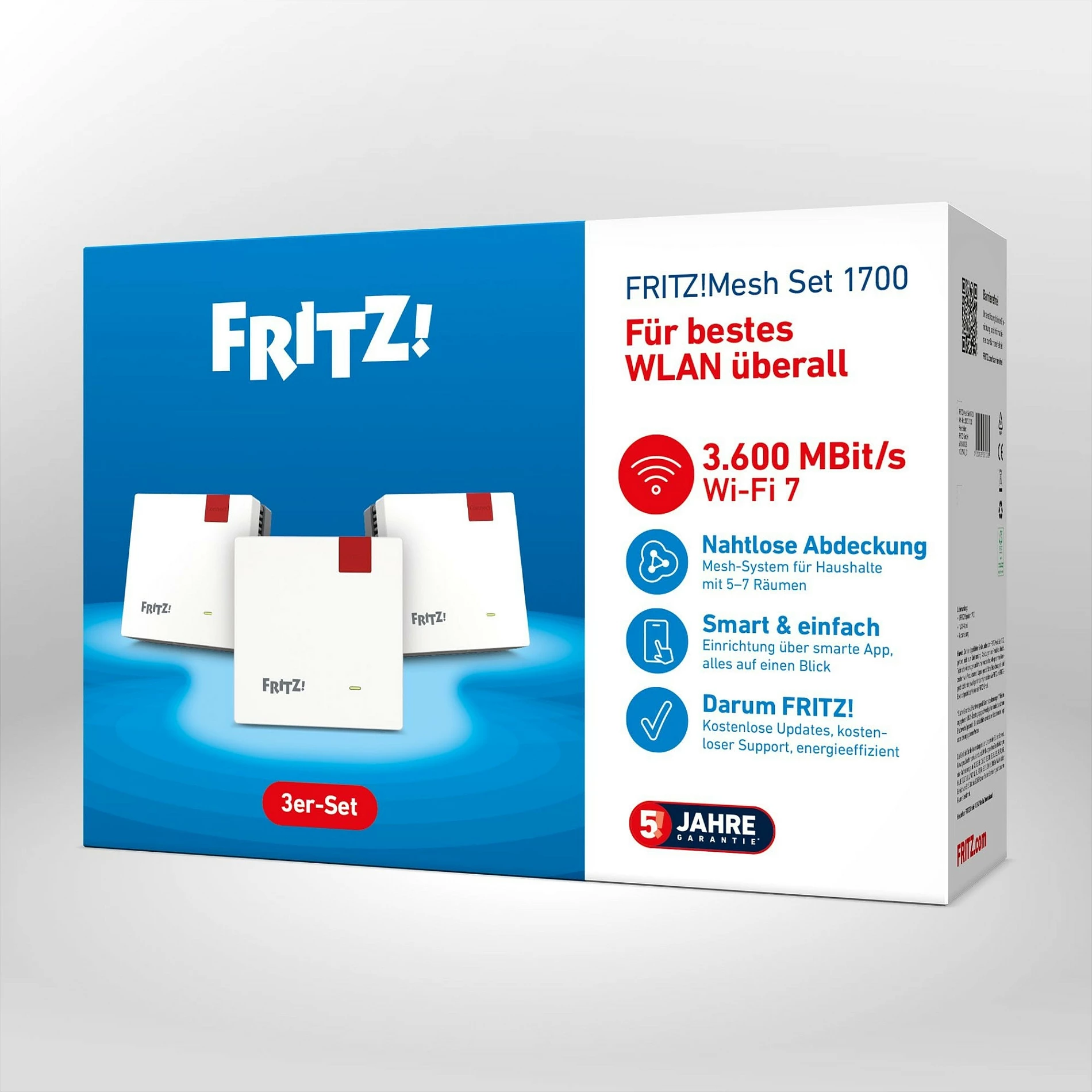 Ruter Mesh FRITZ Mesh Set 1700, Wi‑Fi 7, Dual-Band, 3 copë, 3600 Mbit/s, i bardhë