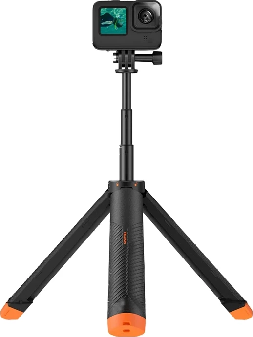 Mbajtës notues + selfie stick teleskopik + triped 4‑në‑1, Telesin S1-TSS-02, 22–61 cm, rezistent ujit 30 m, për kamera sportive deri 200 g, e zezë-portokalli