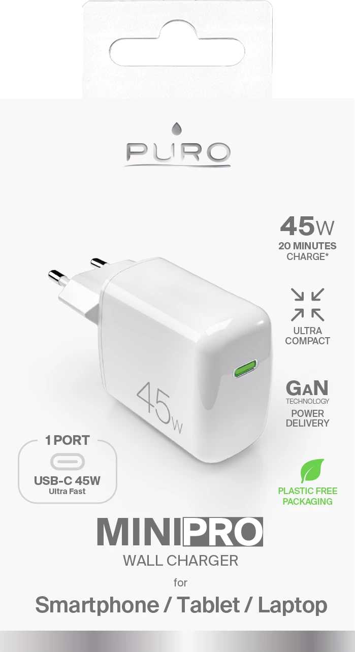 Karikues muri Puro Super Mini 45W PD GaN, USB-C, i bardhë