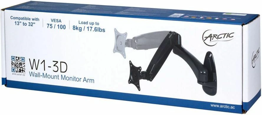 Mbajtëse muri për monitor Arctic W1-3D AEMNT00032A deri 32", VESA 75x75/100x100, 8 kg, me sustë gazi, e zezë