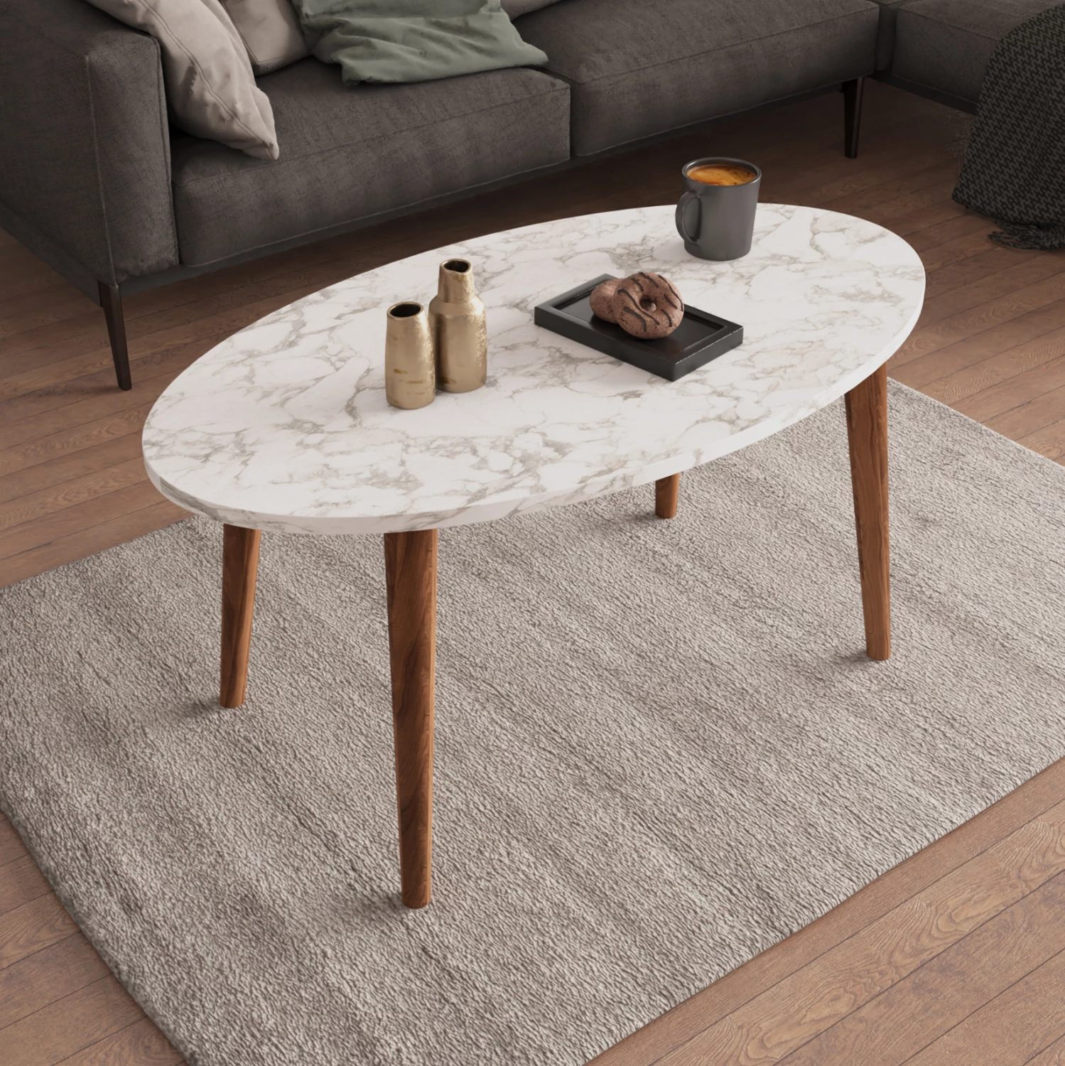 Set tavolinash kafeje dhe 3 tavolina anësore VITAL FH18180.03 melaminë, ngjyrë mermeri të bardhë, këmbë druri ngjyrë arre