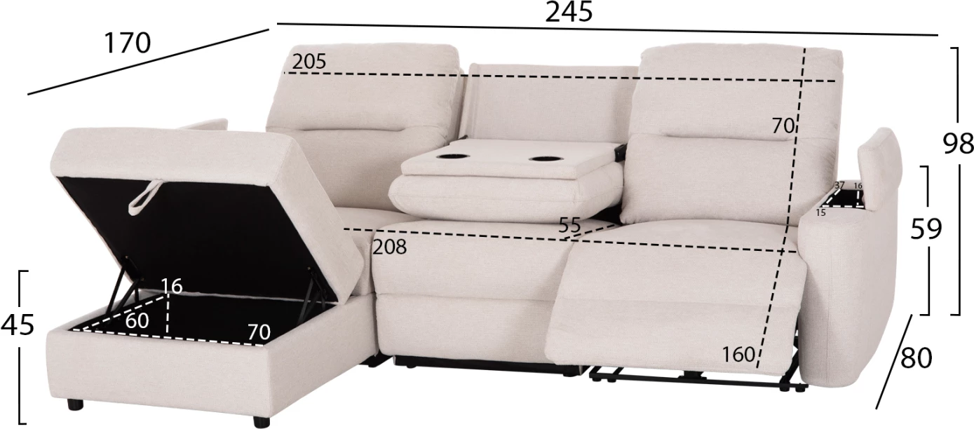 Këndare e majtë SYNTHIA, me recliner elektrik dhe hapësirë për depo, material bezhë, 246x159x97cm