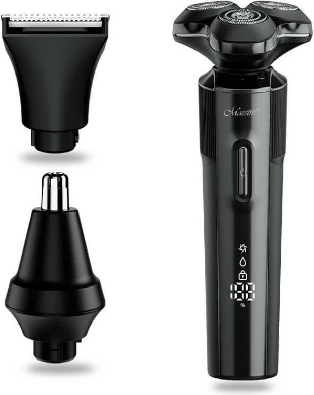 Makinë rroje 3‑në‑1 Feel‑Maestro MR-678 me USB‑C, bateri 800 mAh, IPX7, 90 min, me 3 koka + 3 krehra 3/5/7 mm, e zezë